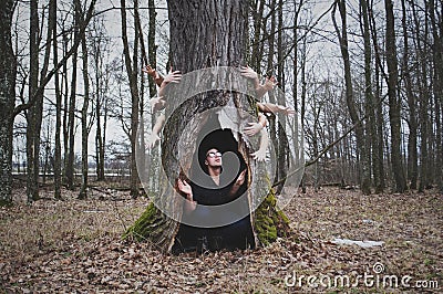 The dark and mysterious forest, a scared person hiding under a tree, hands behind the tree are drawn to a person, the Stock Photo