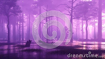 Dark mysterious and marshy forest at misty night Cartoon Illustration