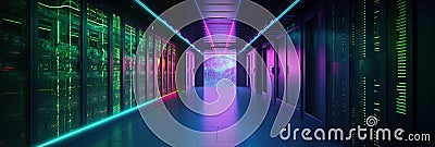 Dark with Neon Blue, Pink Lights server room data center storage. Modern Telecommunications, Supercomputer Technology Stock Photo