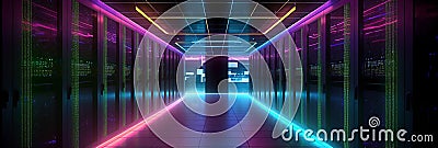 Dark with Neon Blue, Pink Lights server room data center storage. Modern Telecommunications, Supercomputer Technology Stock Photo