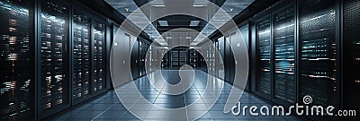 Dark with Neon Blue, Pink Lights server room data center storage. Modern Telecommunications, Supercomputer Technology Stock Photo