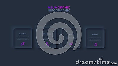 Dark neumorphic horizontal progress diagram with 4 square elements. Infographic design template Vector Illustration