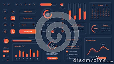 Dark neumorphic user interface elements with neon buttons and bars. Black neumorphism style dashboard design, mobile app Vector Illustration