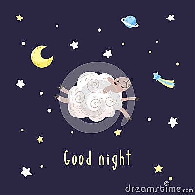 Dark night background with cartoon sheep, moon, stars and comet. Vector illustration with cute lamb and text Good night Vector Illustration