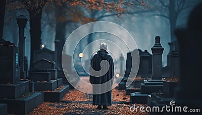 Dark night, spooky tombstone, ghostly lantern, grim reaper walking alone generated by AI Stock Photo