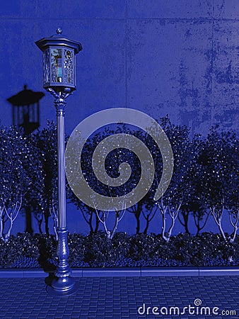 Dark night street in blue light. Sidewalk along the concrete wall of a building with a single old lantern in the moonlight. Cartoon Illustration