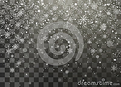 Dark nignt holiday snowfall isolated on transparent background. Falling snowflakes. Christmas and New Year decorative element. Vector Illustration