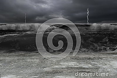 Dark ocean in storm with lightening and waves Stock Photo