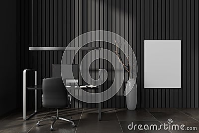 Dark office room interior with desk, computer, empty white poster Stock Photo