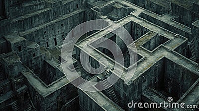 Dark old concrete walls maze, vintage endless labyrinth, grungy grey surreal building. Concept of puzzle, problem, uncertainty, Cartoon Illustration
