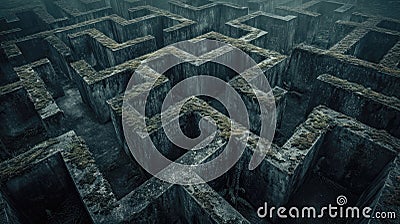 Dark old concrete walls maze, vintage endless surreal labyrinth, grungy grey dirty building. Concept of puzzle, problem, Cartoon Illustration
