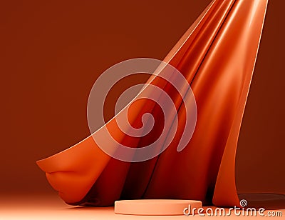Dark orange podium with amber flying fabric, cloth background Stock Photo