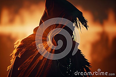 Dark pagan shaman fantasy sunset silhouette Stock Photo