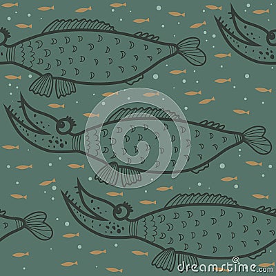 Dark pattern with large and small red fishes Vector Illustration