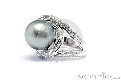 Dark pearl with diamond and gold platinum ring isolated Stock Photo