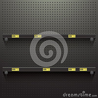 Dark Pegboard Background with shelves and price tags Vector Illustration