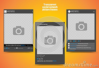 Dark photo frame for social network picture with bright orange yellow background and transparent windows. vector Vector Illustration