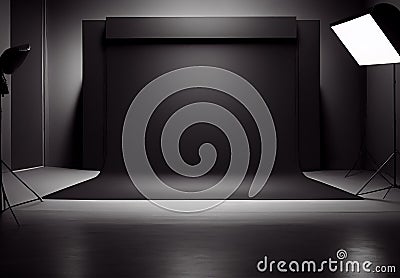 Dark photo studio, black background for product presentation - AI generated image Stock Photo