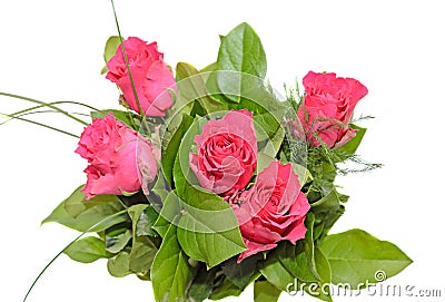 Dark pink roses flowers arrangement, green leaves bouquet Stock Photo