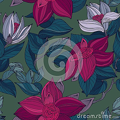 Dark pink, turquoise, gray and green seamless vintage floral pattern Vector Illustration