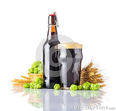 Dark Pint Beer with Hops and Wheat on White Background Stock Photo