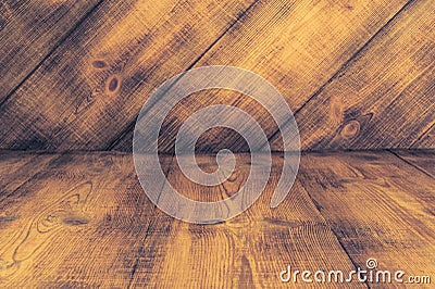 Dark plank wood floor and wall texture perspective background. Stock Photo