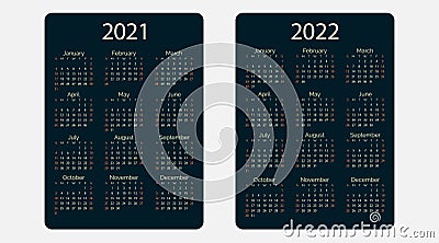 Dark pocket vector calendar 2021 2022 years. Minimal business simple clean design. Rich black classic grid, week starts from Vector Illustration