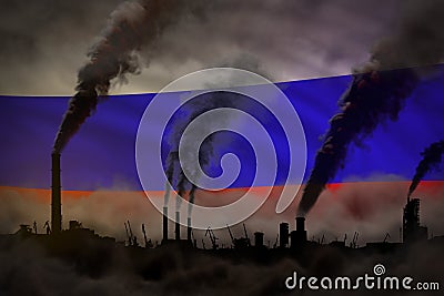 Dark pollution, fight against climate change concept - industrial 3D illustration of plant pipes heavy smoke on Russia flag Cartoon Illustration