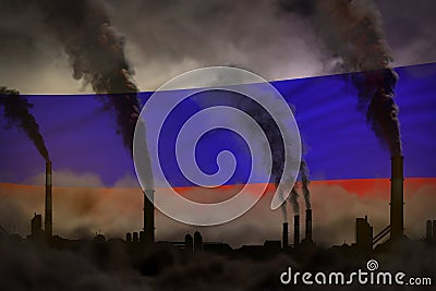 Dark pollution, fight against climate change concept - industrial 3D illustration of industry pipes dense smoke on Russia flag Cartoon Illustration