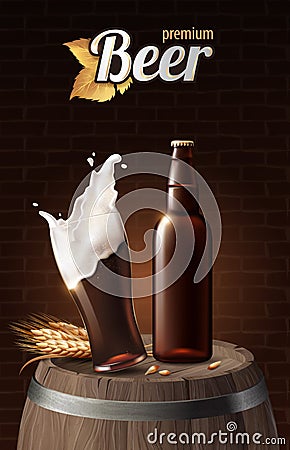 Dark porter beer in glass cup and glass bottle on wood barrel with wheat, refreshing drink with white foam in 3d Vector Illustration