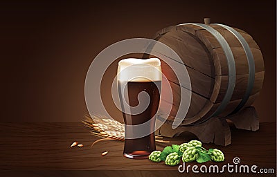 Dark porter beer in glass cup and wood barrel with wheat and hops, refreshing drink with white foam in 3d illustration Vector Illustration