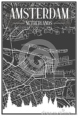 Hand-drawn panoramic city skyline poster with downtown streets network of AMSTERDAM, NETHERLANDS Vector Illustration