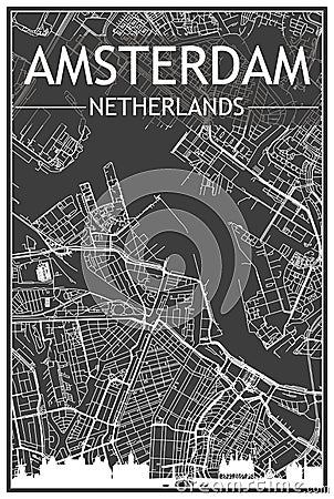 Hand-drawn panoramic city skyline poster with downtown streets network of AMSTERDAM, NETHERLANDS Vector Illustration