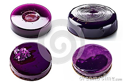 Dark Purple Colored Cake, Color Round Glazed Dessert, Shining Fruit Cakes, Abstract Generative AI Illustration Stock Photo