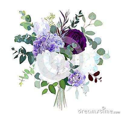 Dark purple garden rose, white and lilac hydrangea, violet iris, Vector Illustration