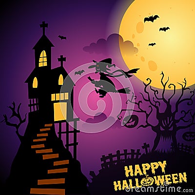 Dark Purple Happy Halloween Background Illustration flying witches Vector Illustration