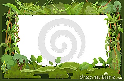 Dark rainforest frame. Green tropical trees, herbs and shrubs. Flat cartoon style. Lianas and palms. Green exotic Vector Illustration