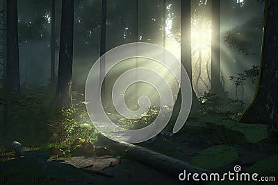 Dark rainforest sun rays through trees with dense fog digital illustration AI generated Cartoon Illustration