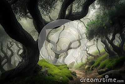 Dark rainforest sun rays through trees with dense fog digital illustration AI generated Cartoon Illustration