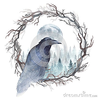 Watercolor raven on a wreath Cartoon Illustration