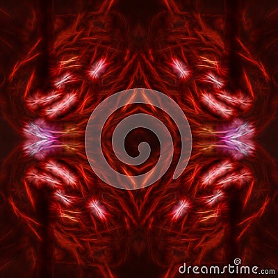 Dark red abstract drawing with light sinuous lines and bright flashes. Beautiful and gloomy texture with symmetrical patterns. Stock Photo