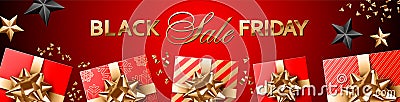 Dark and red Black Friday Sale composition for banner ofr website header template. Red covered gifts with golden bows and ribbons, Vector Illustration