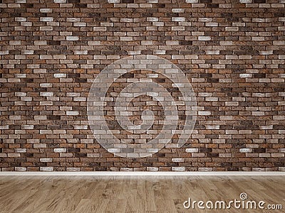 Dark Red Brown Brick Wall and Wooden Floor Stock Photo