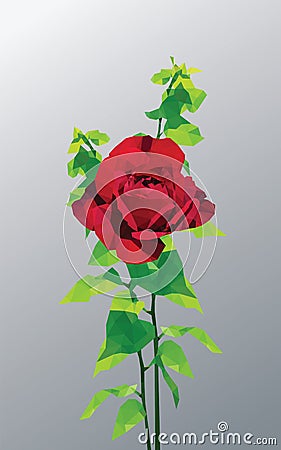 Dark red rose and fresh green leaves low polygon isolated on gray background. Redness flower leaf plant geometric graphic Vector Illustration