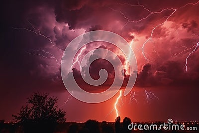 Dark red stormy sky illuminated by dramatic apocalyptic lightning. Stock Photo