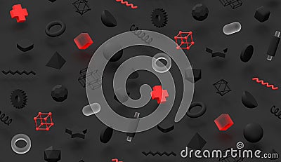 Dark render memphis abstract pattern background red and transparent elements modern 3d texture colorful cover design Stock Photo