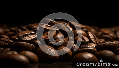 Dark roasted coffee beans heap on table, ready to brew generated by AI Stock Photo