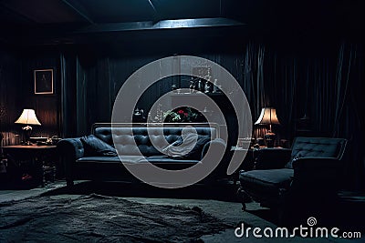 A dark room with black furniture and dim light. Stock Photo