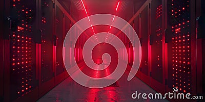 A dark room with rows of server racks illuminated by LED lights showcasing the complexity of data Stock Photo