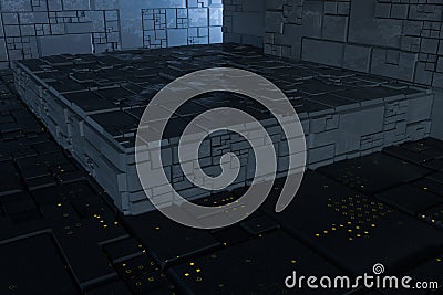 Dark ruins with circuit texture wall, sci-fi architecture background, 3d rendering Cartoon Illustration